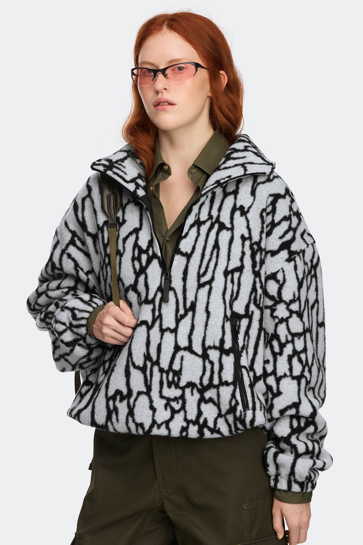 Lunaris Tree Bark Half Zip Fleece - Black/White/Opal Grey Bark 9927 - on_front_open_01