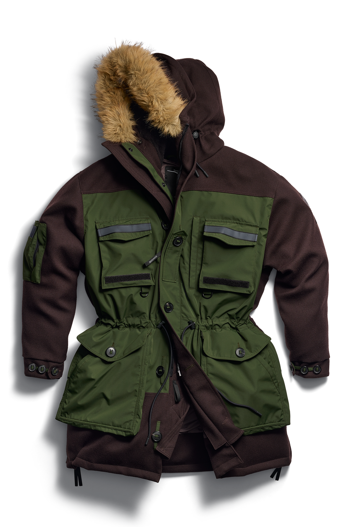 Ferron Colour Block Faux Fur Parka - Dark Soil/Moss Khaki 8928 - off_flat_lay_01