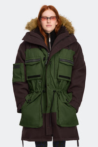 Ferron Colour Block Faux Fur Parka - Dark Soil/Moss Khaki 8928 - on_front_01