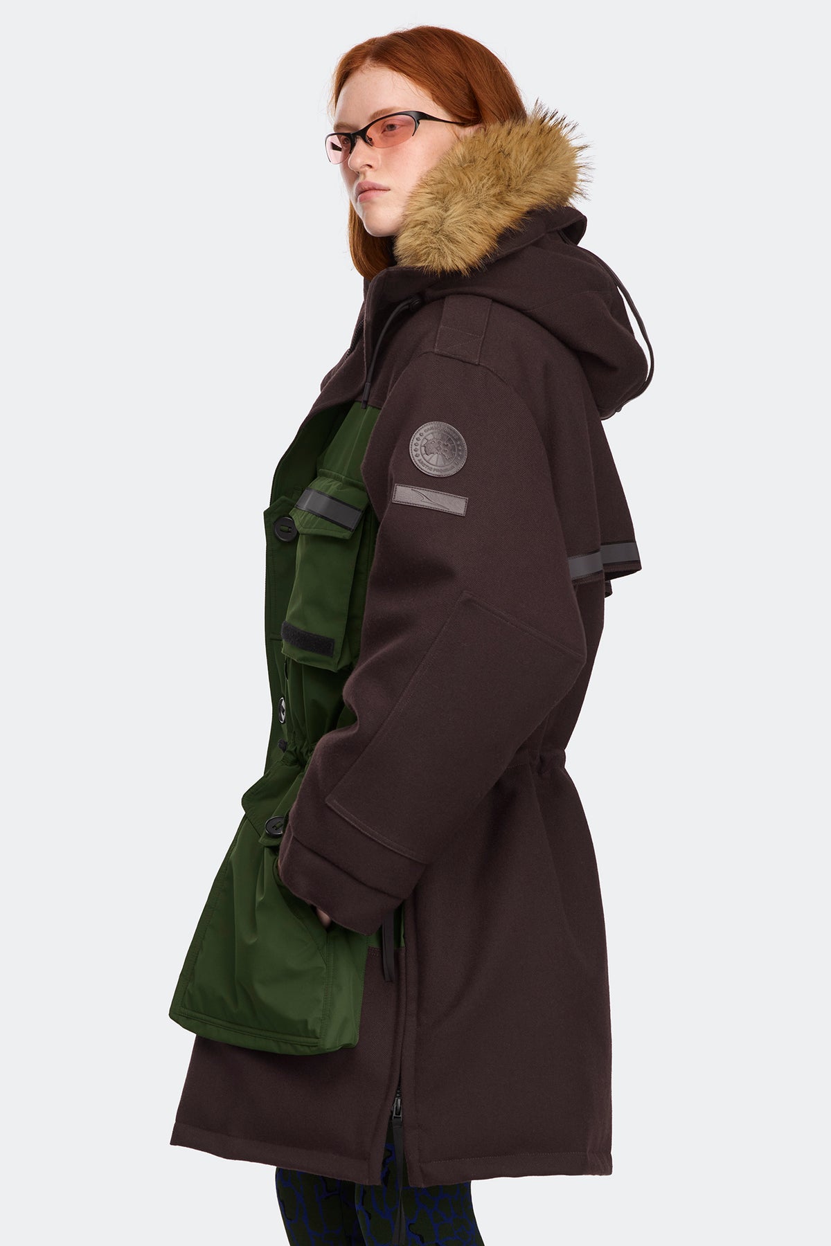 Ferron Colour Block Faux Fur Parka - Dark Soil/Moss Khaki 8928 - on_side_01