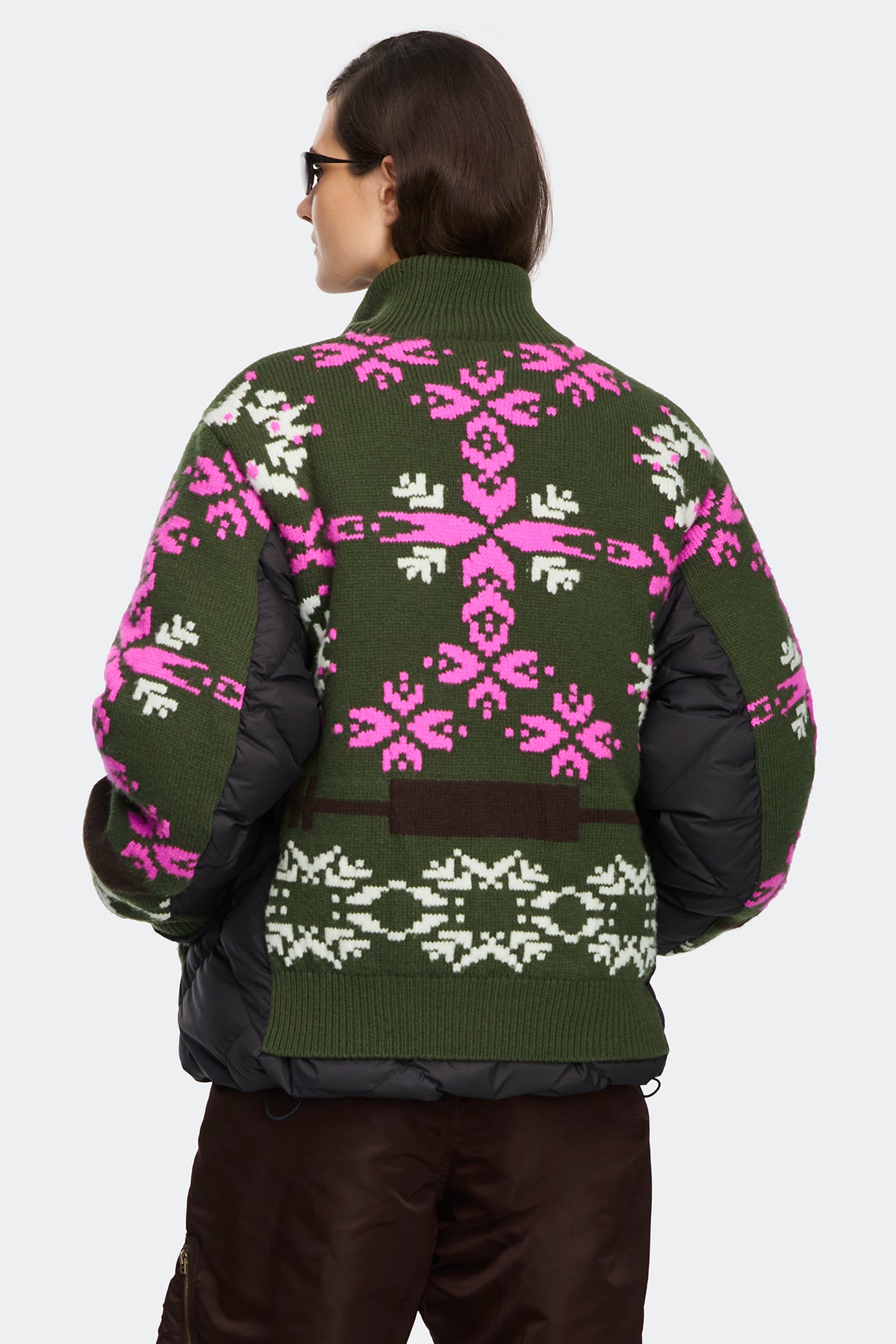 Fair Isle Selby Knit Puffer - Moss Khaki/Orchid Print 8904 - on_back_01