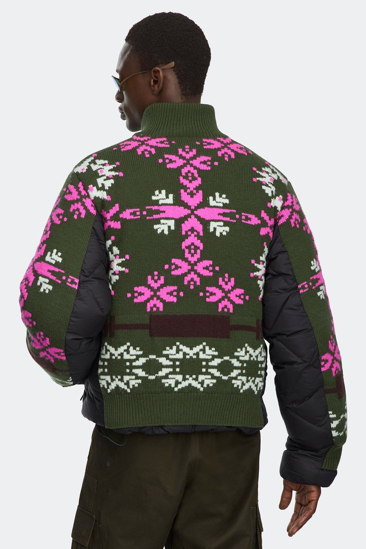 Fair Isle Selby Knit Puffer - Moss Khaki/Orchid Print 8904 - on_back_02