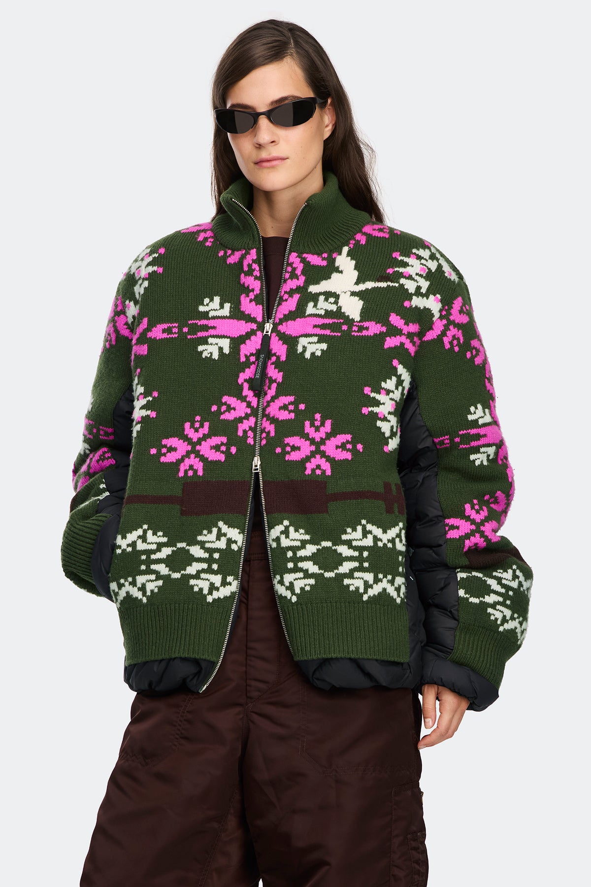 Fair Isle Selby Knit Puffer - Moss Khaki/Orchid Print 8904 - on_front_01