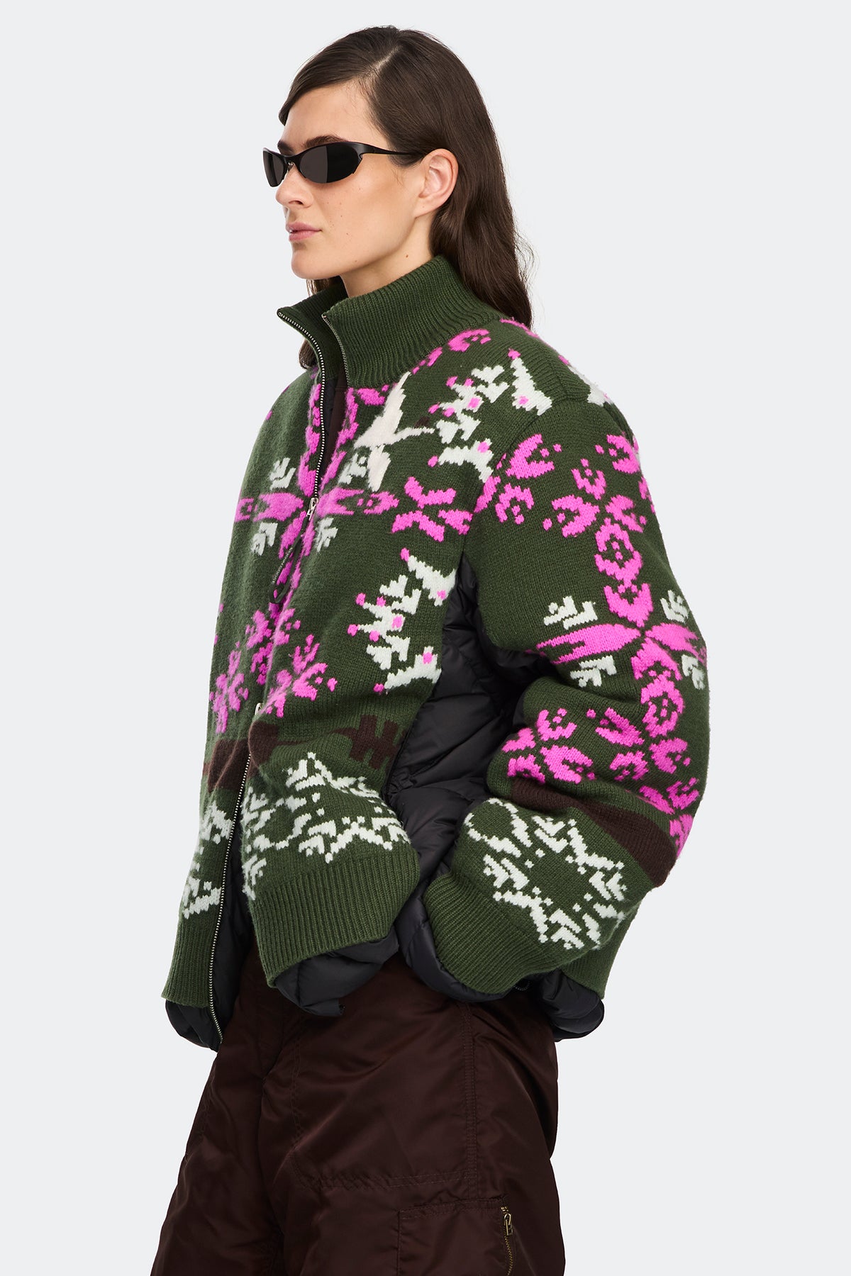 Fair Isle Selby Knit Puffer - Moss Khaki/Orchid Print 8904 - on_side_01