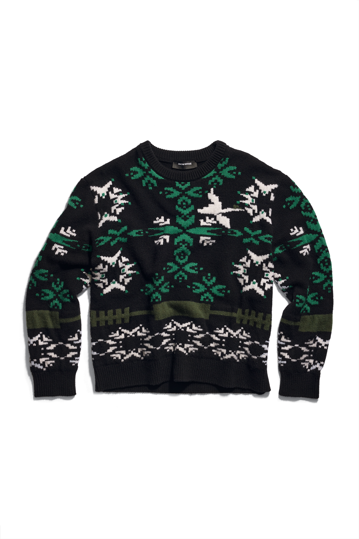 Fair Isle Selby Knit Sweater - Black/Moss Khaki Print 8903 - off_flat_lay_01