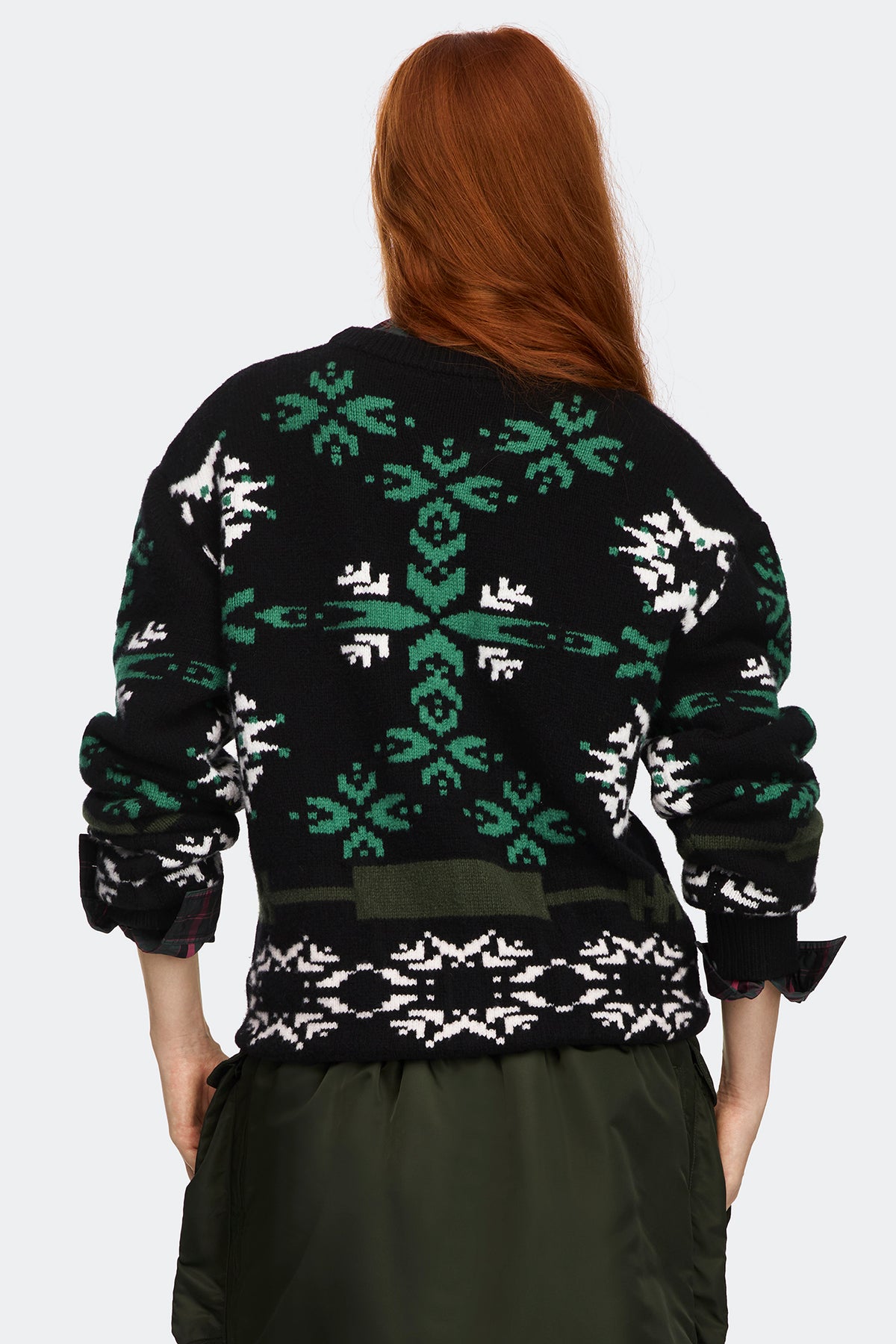Fair Isle Selby Knit Sweater - Black/Moss Khaki Print 8903 - on_back_01