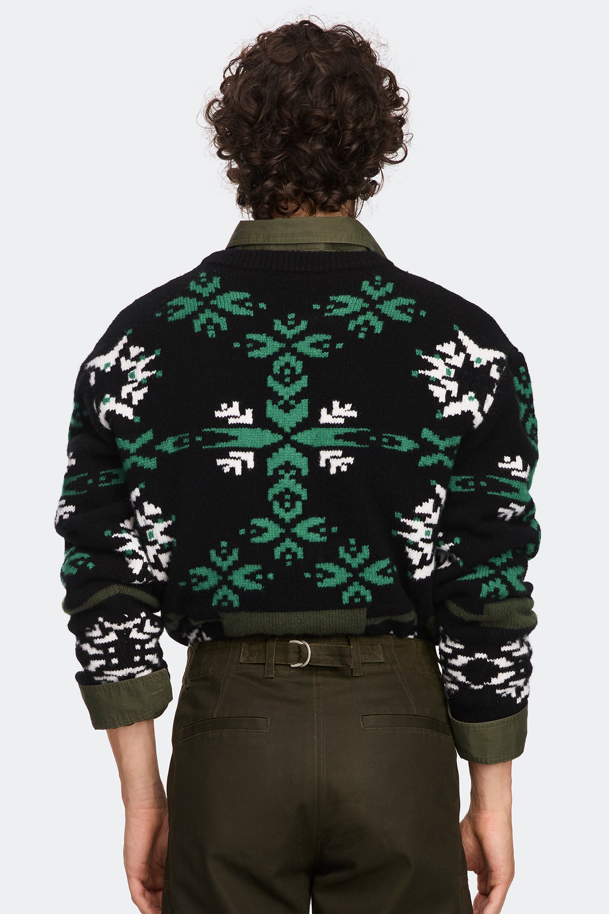 Fair Isle Selby Knit Sweater - Black/Moss Khaki Print 8903 - on_back_02