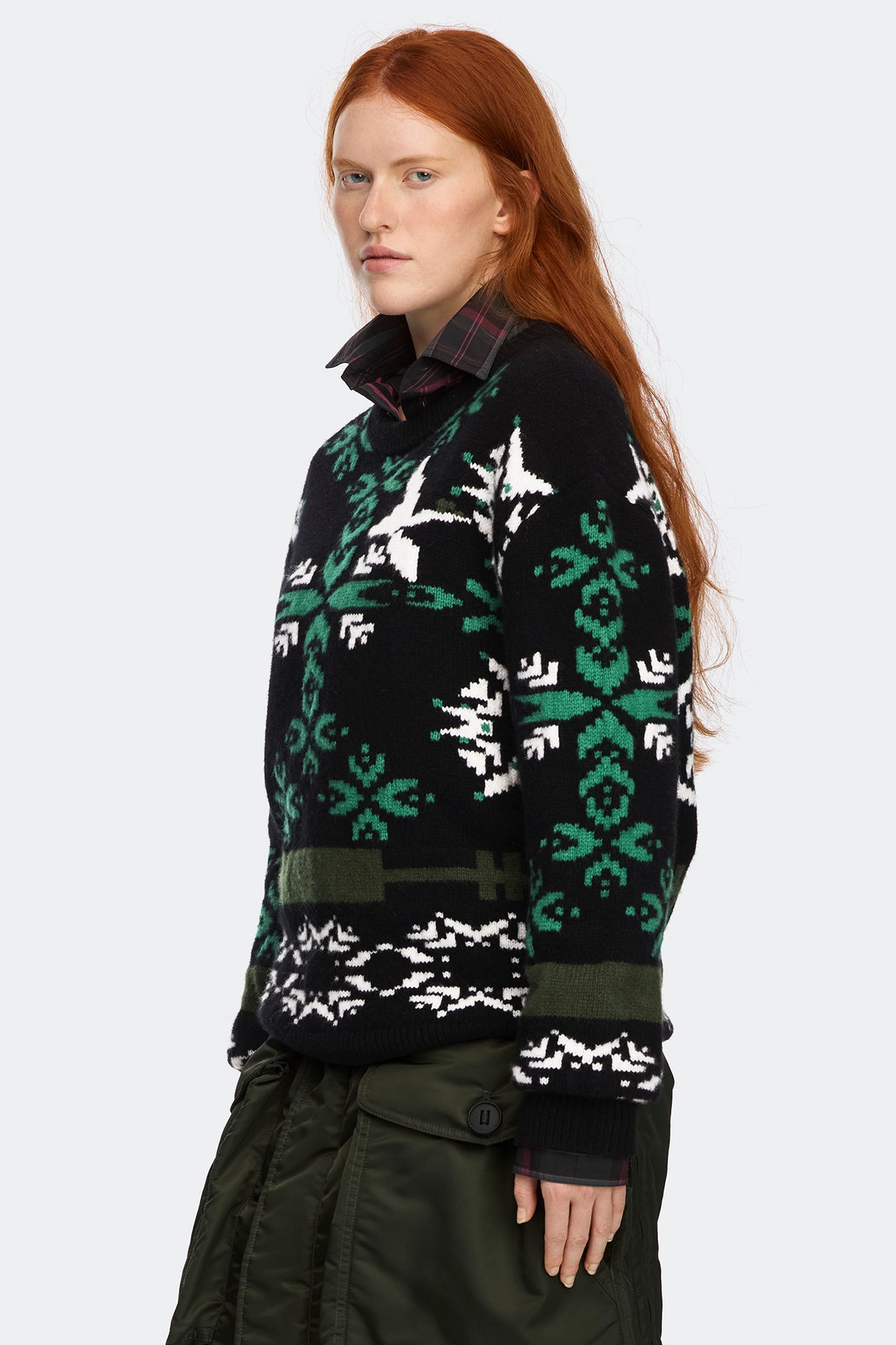 Fair Isle Selby Knit Sweater - Black/Moss Khaki Print 8903 - on_side_01