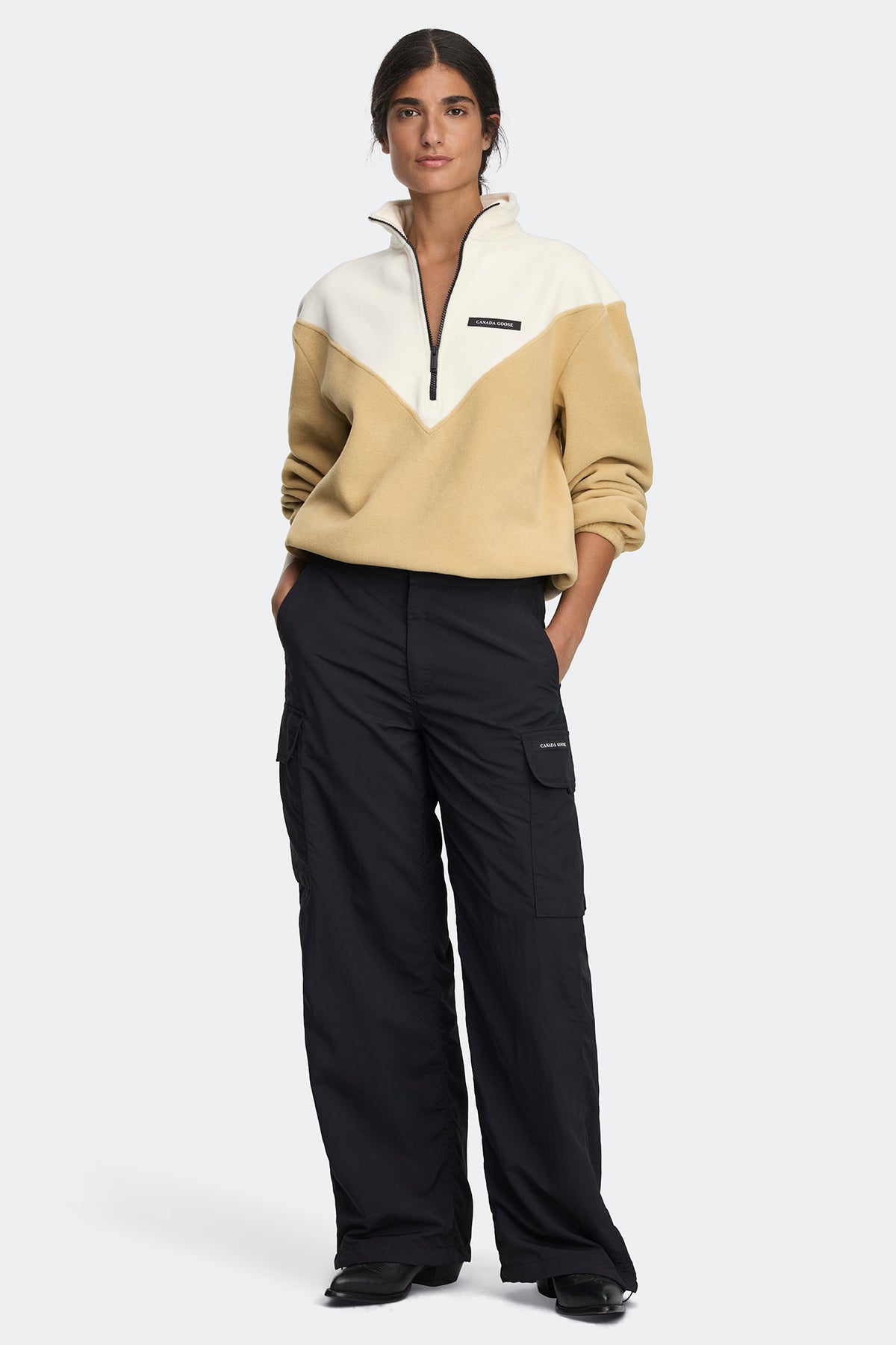 Tayen Colour Block Fleece Quarter Zip - Bone/Timber Sand 9652 - on_full_body_01
