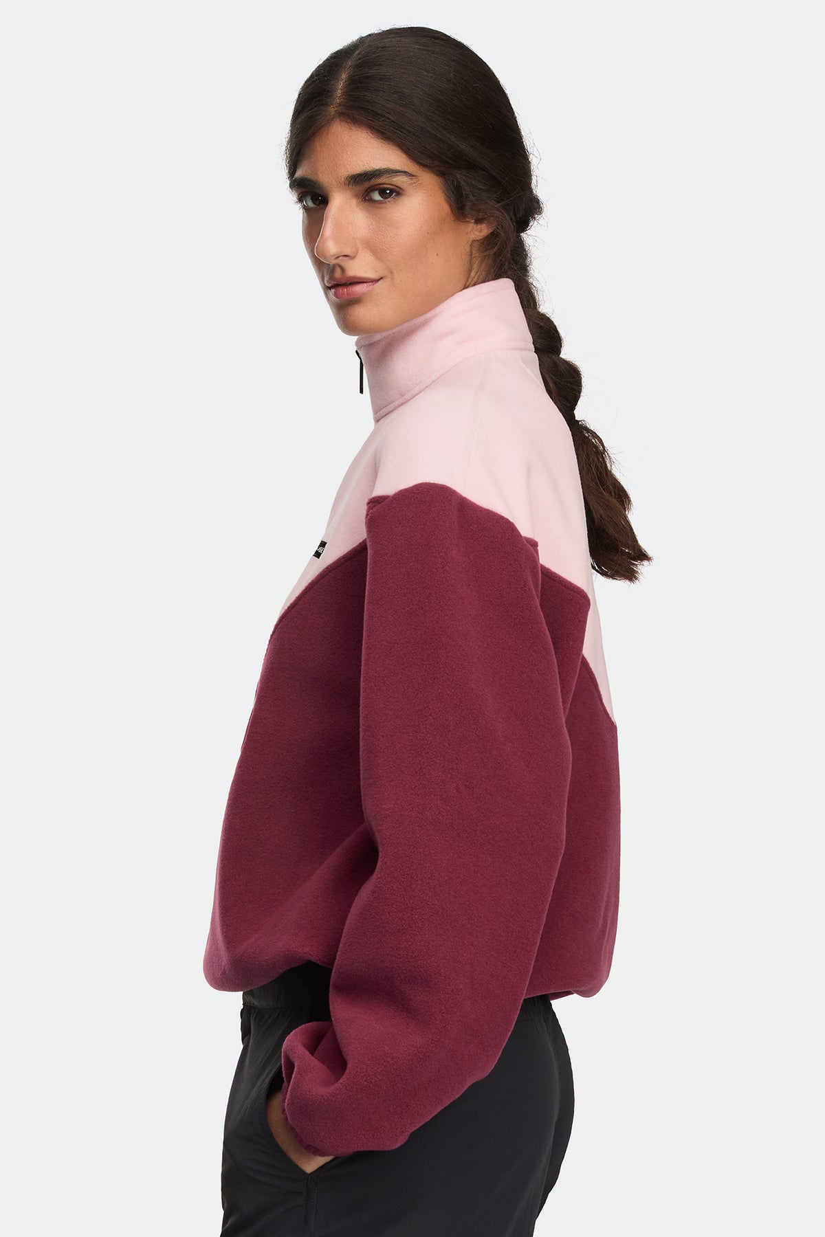 Tayen Colour Block Fleece Quarter Zip - Bloom Pink /Burnt Vermillion 9653 - on_side_01
