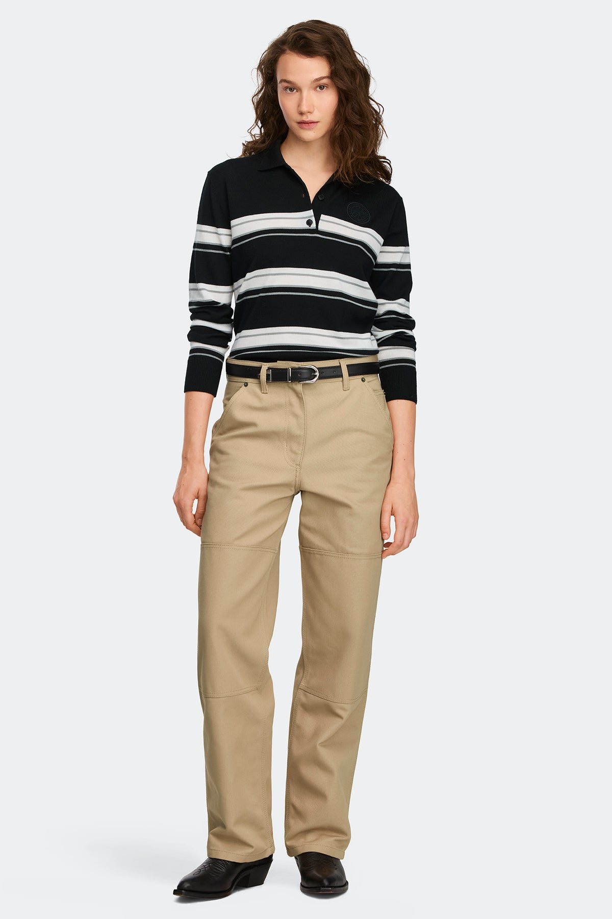 Melrose Striped Knit Long Sleeve Polo - Black/Stratus Grey 9682 - on_full_body_01