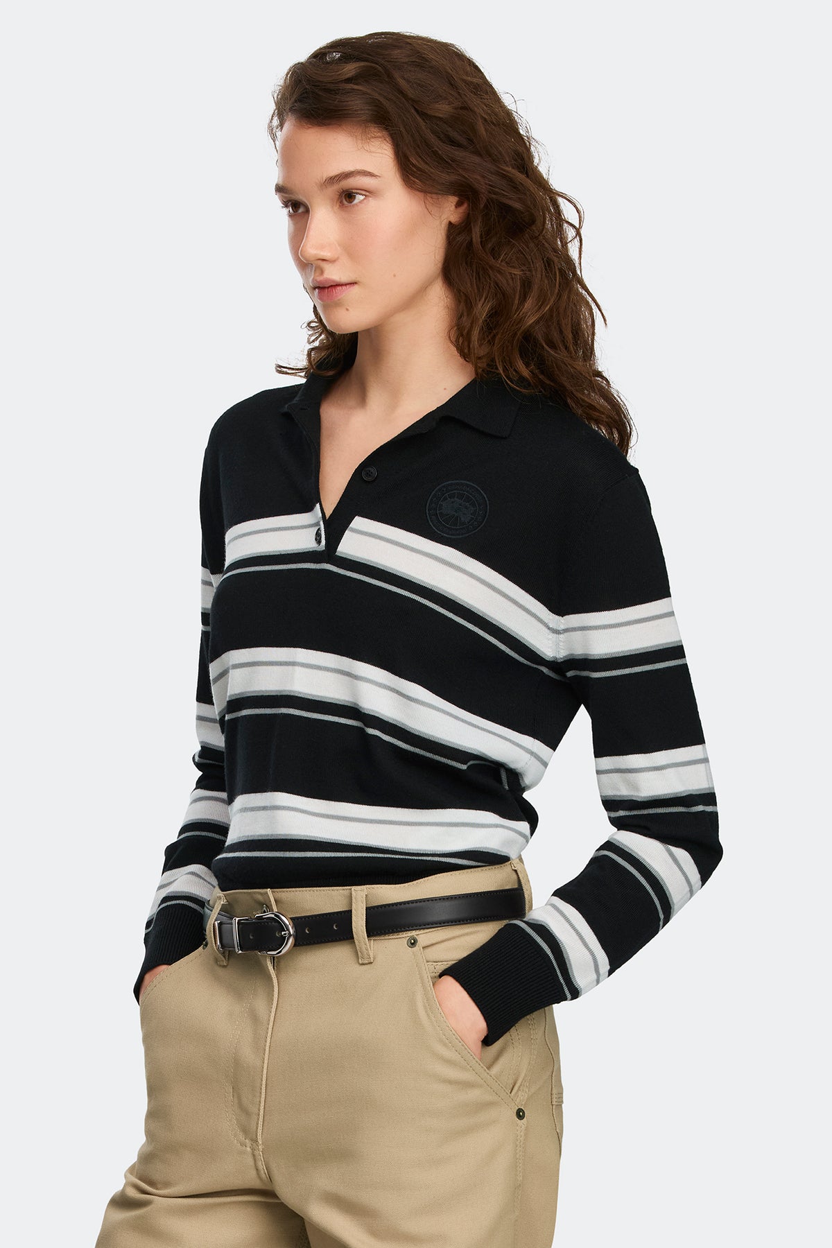 Melrose Striped Knit Long Sleeve Polo - Black/Stratus Grey 9682 - on_side_01