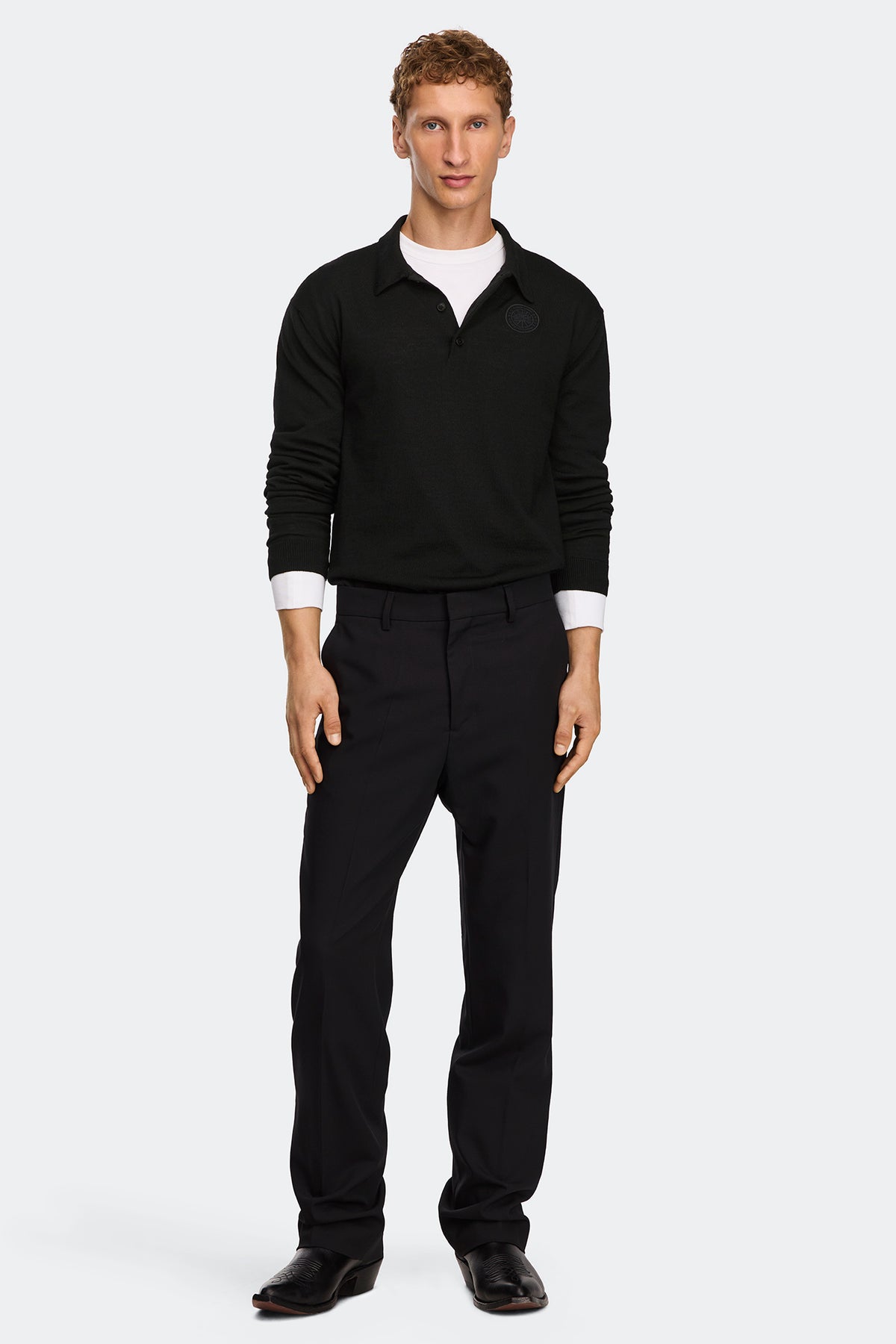 Petitot Knit Long Sleeve Polo - Black 9061 - on_full_body_01